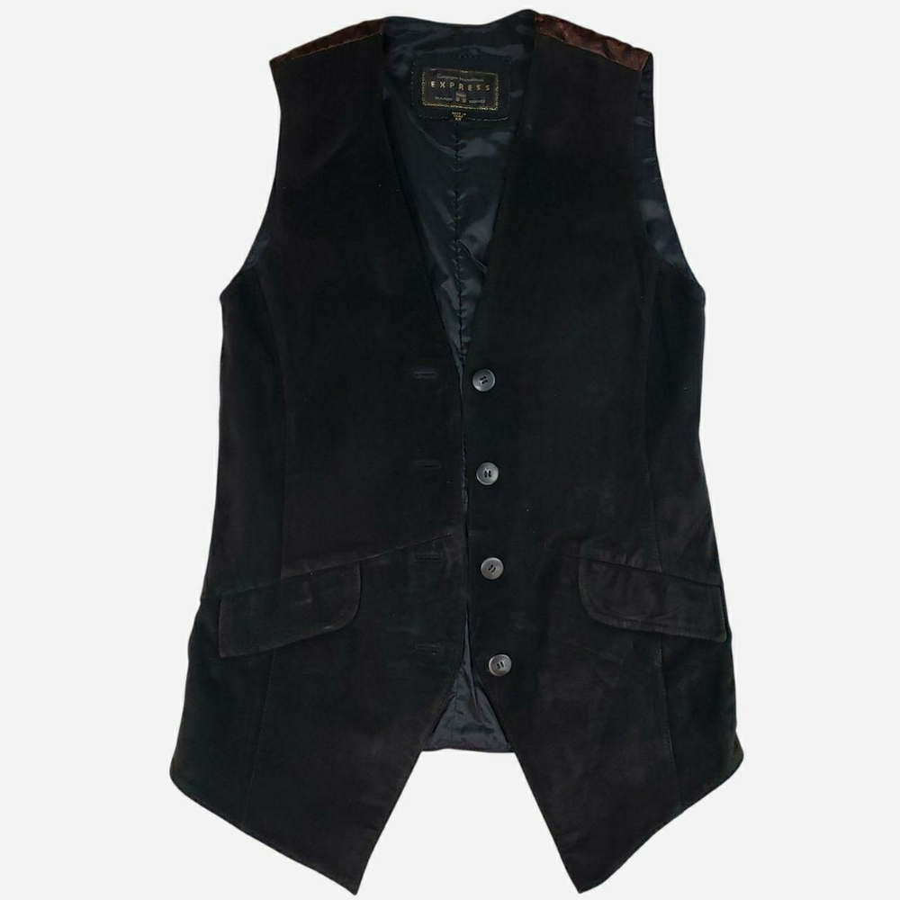 Express Black Genuine Leather Suade Vest Paisley Lining Pockets Western Vintage
